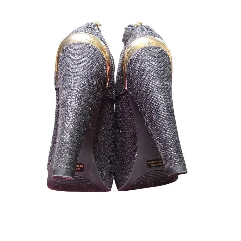 Guess Black‎ Glitter Fabric Platform Heels With Back Zipper & Ankle Strap 8.5M